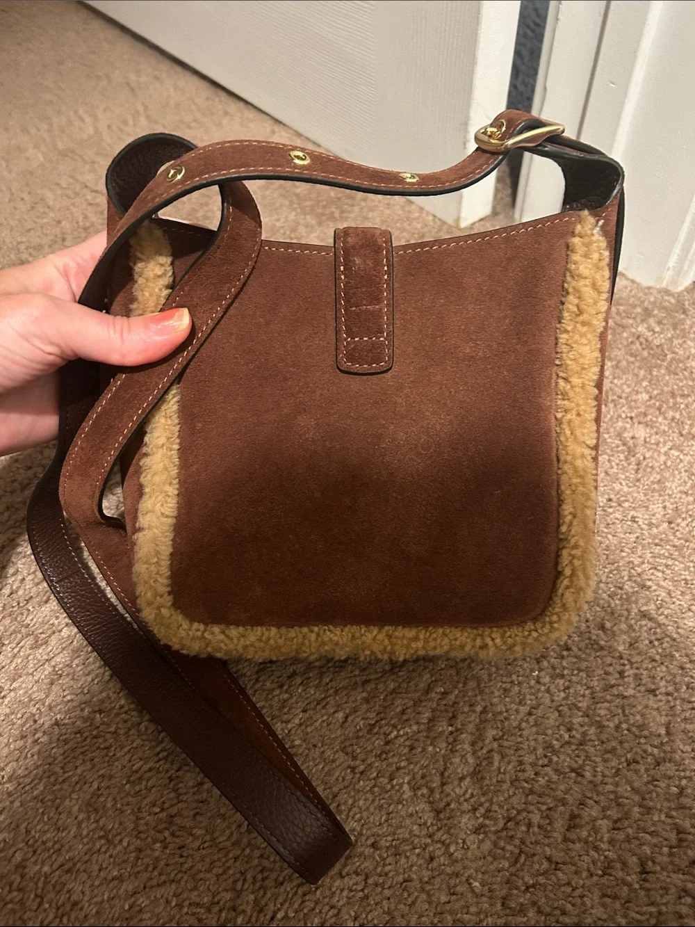 Coach Brown Suede Crossbody with Tan Shearling Trim
